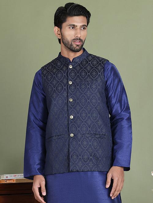 silver silk blend nehru jacket - 21687882 - Very Small Image - 1