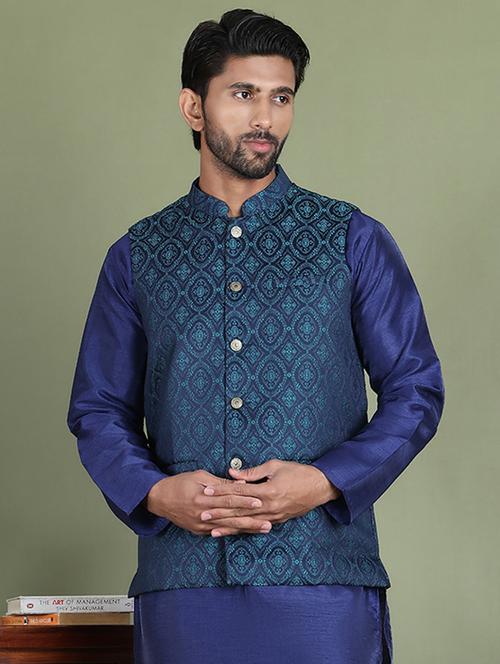 teal silk blend nehru jacket - 21687883 - Very Small Image - 1