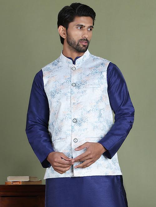 silver silk blend nehru jacket - 21687888 - Very Small Image - 1