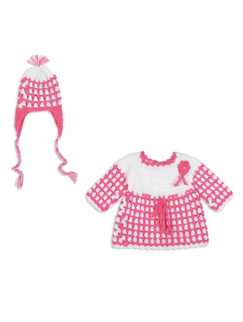 girls pink self design frock and cap - 21688494 - Very Small Image - 1