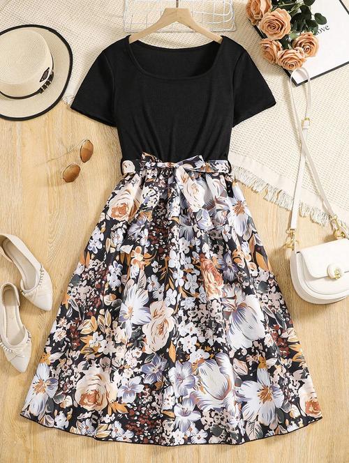 girls floral printed round neck dress - 21691162 - Very Small Image - 1