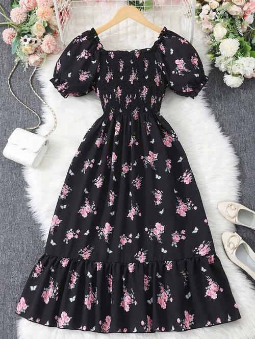 girls floral printed fit & flare tired dress - 21691187 - Very Small Image - 1