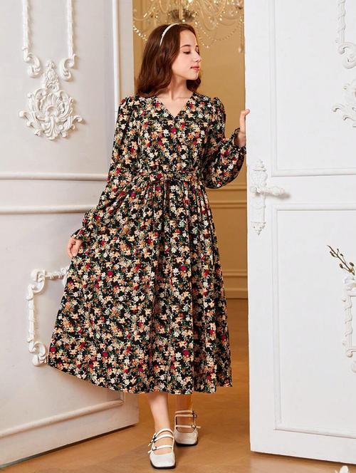 girls floral printed v neck fit & flare dress - 21691202 - Very Small Image - 1