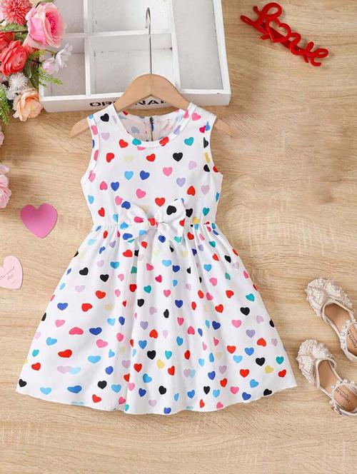 girls white printed round neck dress - 21691240 - Very Small Image - 1