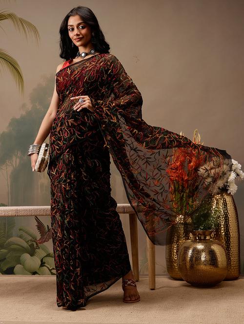 women black solid with work chikankari saree with blouse - 21692073 - Very Small Image - 1