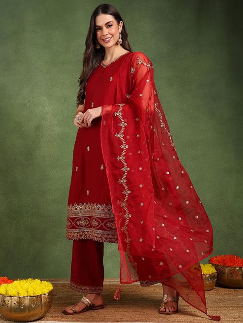 women maroon embroidered sleeveless suit set - 21692287 - Very Small Image - 1