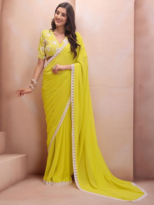 women lime embroidered lace work saree with blouse - 21693454 - Very Small Image - 1