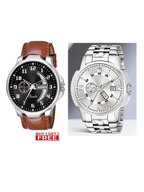 day n date men stylish analog latest watches combo - set of 2 - brn-1-and-slv-10 - 21694363 - Very Small Image - 1