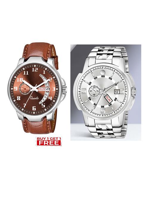 day n date men stylish analog latest watches combo - set of 2 - brn-18-and-slv-10 - 21694373 - Very Small Image - 1