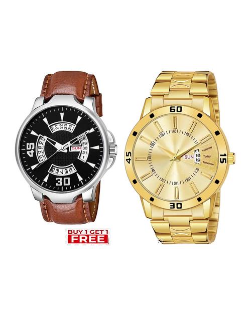 day n date men stylish analog latest watches combo - set of 2 - brn-21-and-gold-20 - 21694387 - Very Small Image - 1