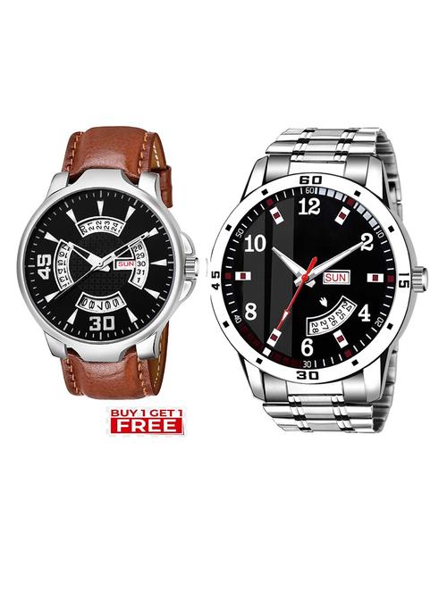day n date men stylish analog latest watches combo - set of 2 - brn-21-and-slv-7 - 21694392 - Very Small Image - 1