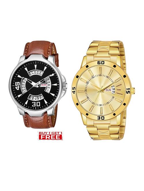 day n date men stylish analog latest watches combo - set of 2 - brn-22-and-gold-20 - 21694395 - Very Small Image - 1