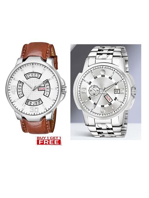 day n date men stylish analog latest watches combo - set of 2 - brn-22-and-slv-10 - 21694398 - Very Small Image - 1