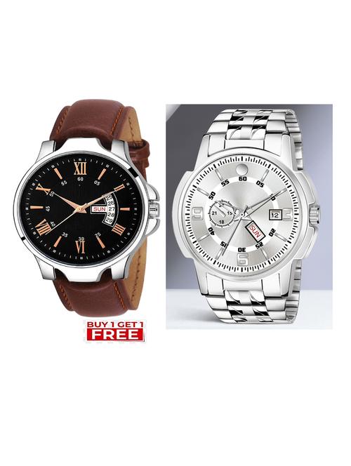 day n date men stylish analog latest watches combo - set of 2 - brn-24-and-slv-10 - 21694406 - Very Small Image - 1