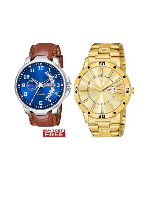day n date men stylish analog latest watches combo - set of 2 - brn-4-and-gold-20 - 21694411 - Very Small Image - 1