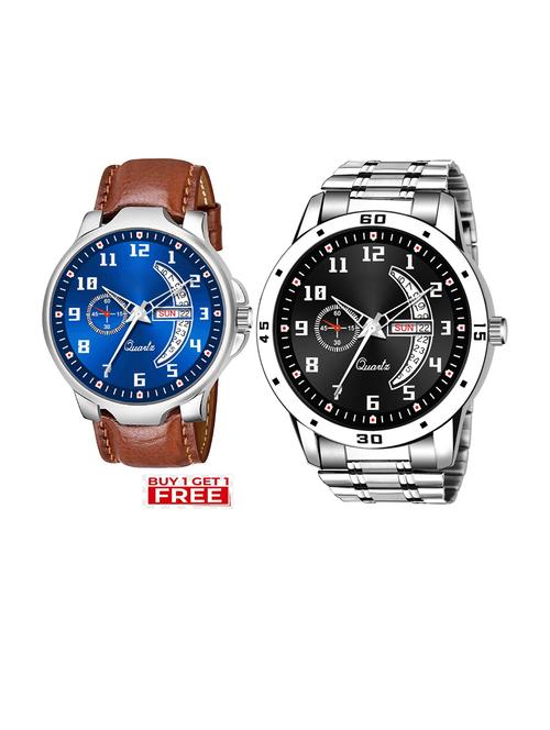 day n date men stylish analog latest watches combo - set of 2 - brn-4-and-slv-1 - 21694413 - Very Small Image - 1