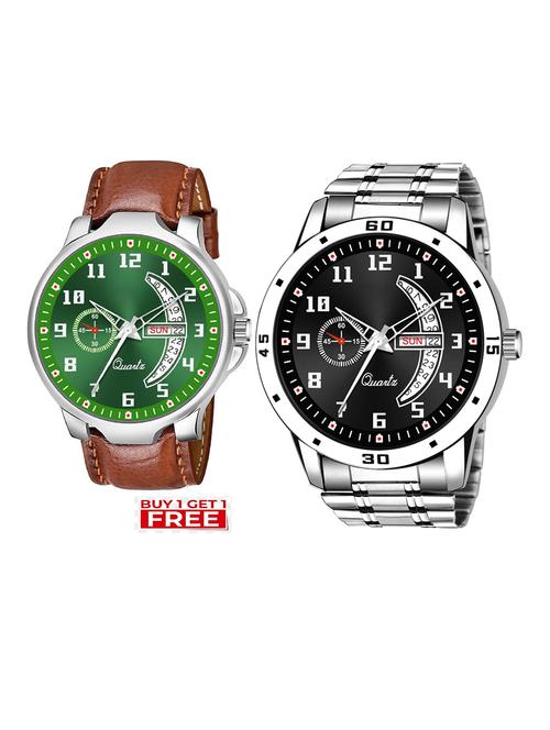 day n date men stylish analog latest watches combo - set of 2 - brn-6-and-slv-1 - 21694423 - Very Small Image - 1