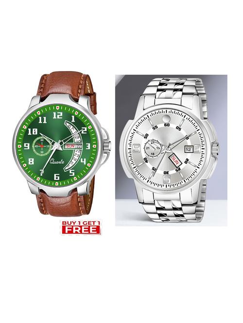 day n date men stylish analog latest watches combo - set of 2 - brn-6-and-slv-10 - 21694424 - Very Small Image - 1