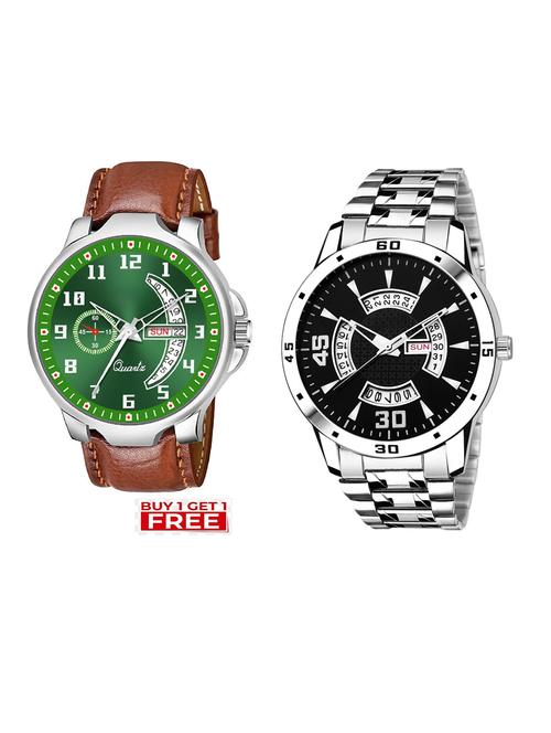 day n date men stylish analog latest watches combo - set of 2 - brn-6-and-slv-21 - 21694425 - Very Small Image - 1
