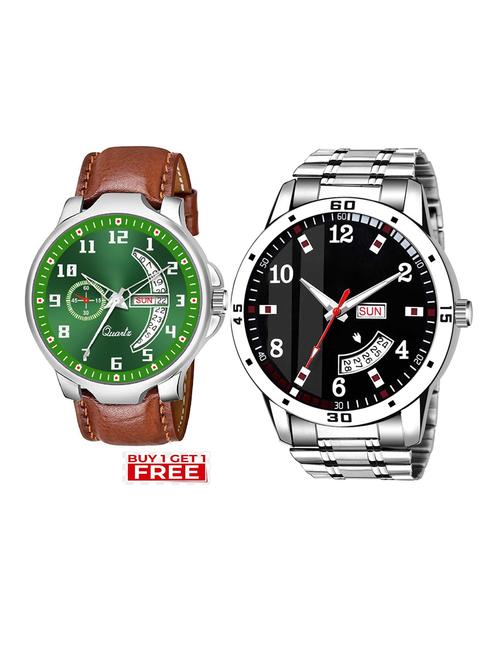 day n date men stylish analog latest watches combo - set of 2 - brn-6-and-slv-7 - 21694426 - Very Small Image - 1