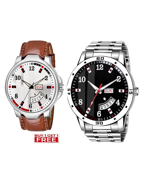 day n date men stylish analog latest watches combo - set of 2 - brn-8-and-slv-7 - 21694446 - Very Small Image - 1