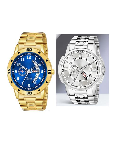 day n date men stylish analog latest watches combo - set of 2 - gold-4-and-slv-10 - 21694513 - Very Small Image - 1