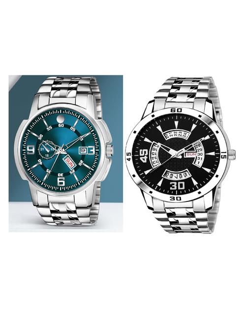 day n date men stylish analog latest watches combo - set of 2 - slv-11-slv-21 - 21694577 - Very Small Image - 1