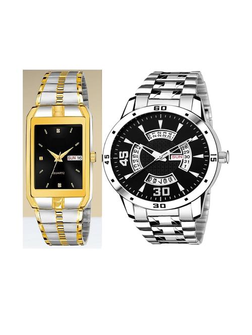 day n date men stylish analog latest watches combo - set of 2 - tt-black-slv-21 - 21694610 - Very Small Image - 1