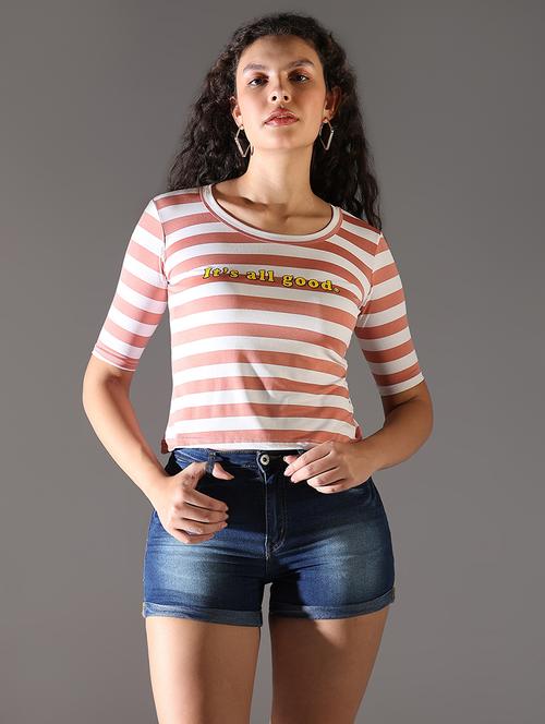 women stripes printed round neck crop t-shirt - 21696493 - Very Small Image - 1