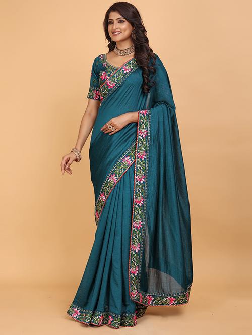 women solid embroidered lace work saree - 21697321 - Very Small Image - 1
