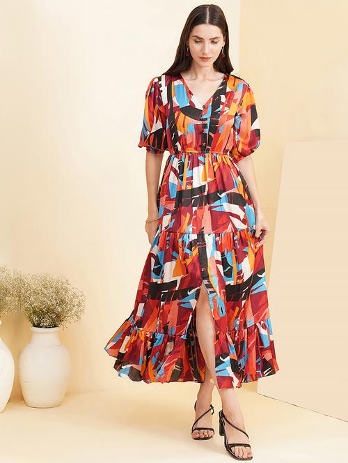 women printed puff sleeves tiered dress - 21697937 - Very Small Image - 1
