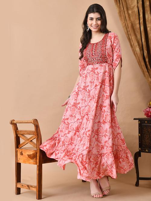 women pink floral embroidered tiered ethnic dress - 21699026 - Very Small Image - 1