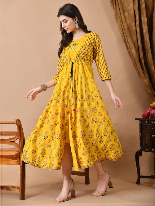 women yellow printed round neck a-line kurta - 21699027 - Very Small Image - 1