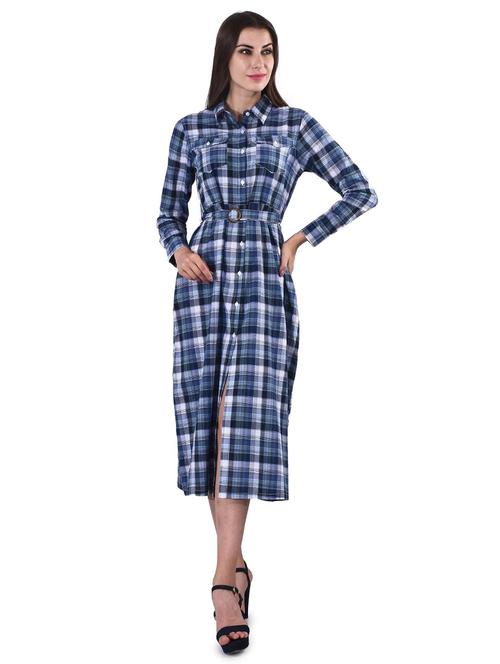 women blue chekered long sleeve shirt dress - 21699623 - Very Small Image - 1