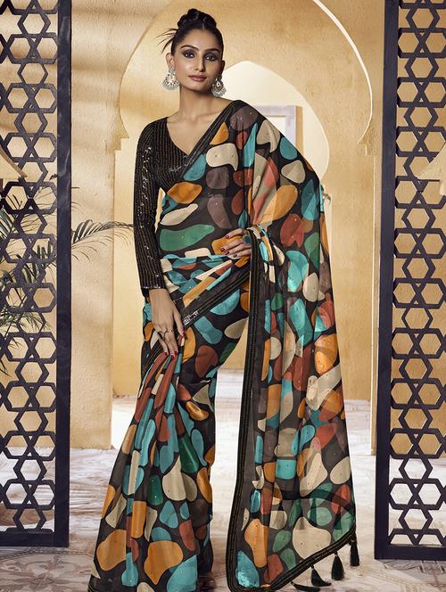 women printed sequined work party wear saree with blouse - 21700159 - Very Small Image - 1