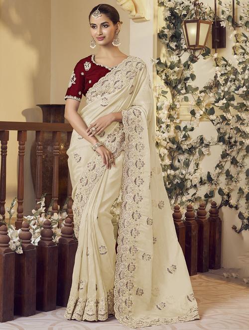 women cream embroidered saree with blouse - 21700224 - Very Small Image - 1