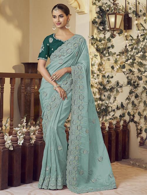 women purist blue embroidered saree with blouse - 21700225 - Very Small Image - 1