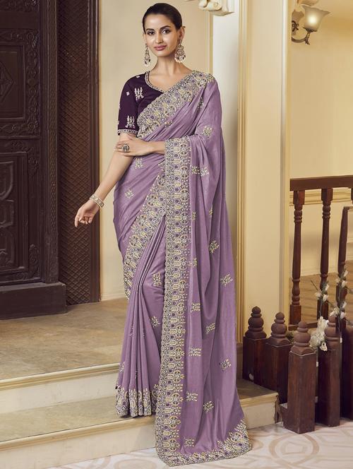 women lavender embroidered saree with blouse - 21700231 - Very Small Image - 1