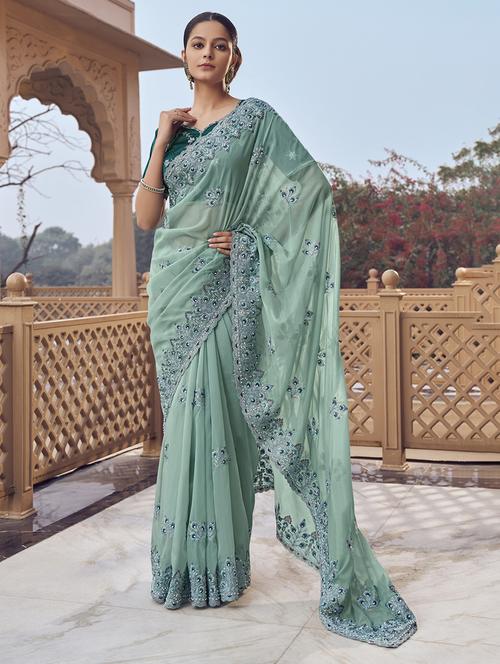 women teal embroidered saree with blouse - 21700237 - Very Small Image - 1