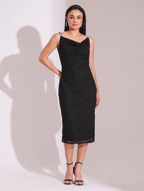 globus women black cowl neck metal shoulder straps side slits lace bodycon midi party dress - 21704456 - Very Small Image - 1