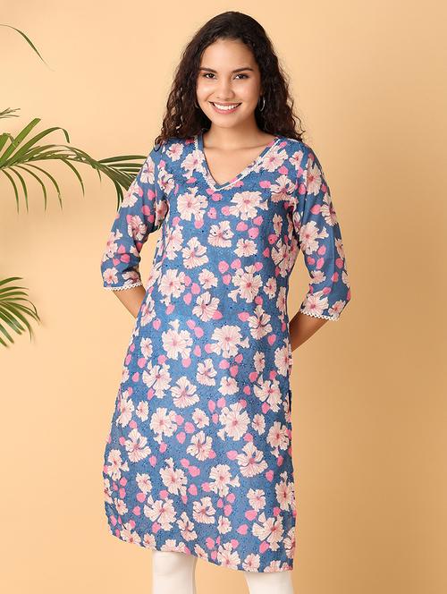 women floral printed v neck straight kurta - 21705602 - Very Small Image - 1