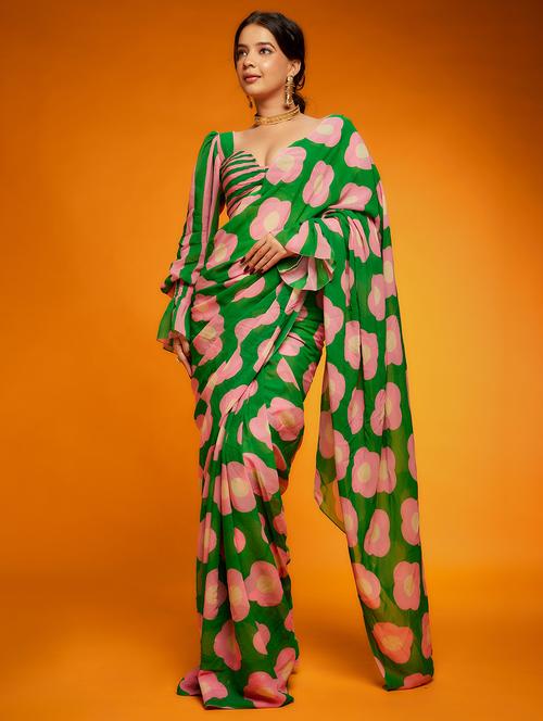women green floral printed saree with blouse - 21707325 - Very Small Image - 1