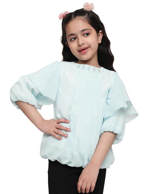 girls light blue self design round neck top - 21708002 - Very Small Image - 1