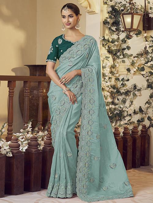 women sea green embroidered saree with blouse - 21708506 - Very Small Image - 1