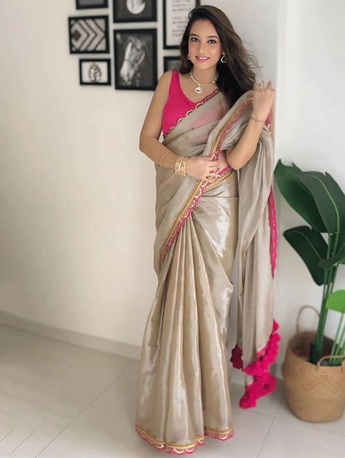 women solid ruffle lace work saree with blouse - 21710357 - Very Small Image - 1