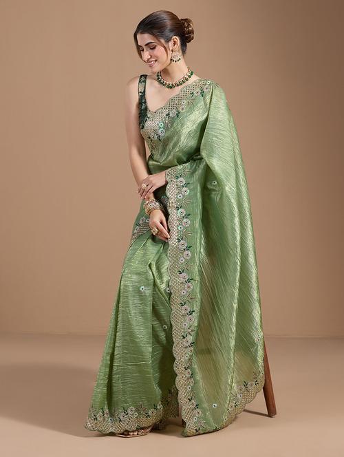 women olive embroidered saree with blouse - 21710365 - Very Small Image - 1