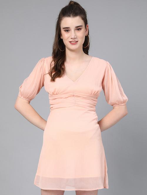 women solid puff sleeves a-line dress - 21711077 - Very Small Image - 1
