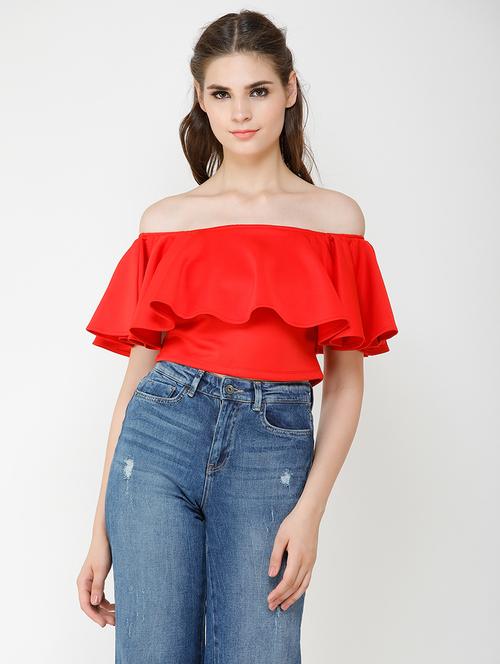 women solid off shoulder crop top - 21711127 - Very Small Image - 1