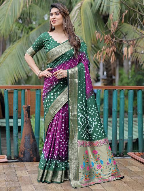 women purple bandhani saree with blouse - 21712675 - Very Small Image - 1