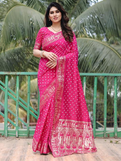 women bandhani zari bordered saree with blouse - 21712753 - Very Small Image - 1